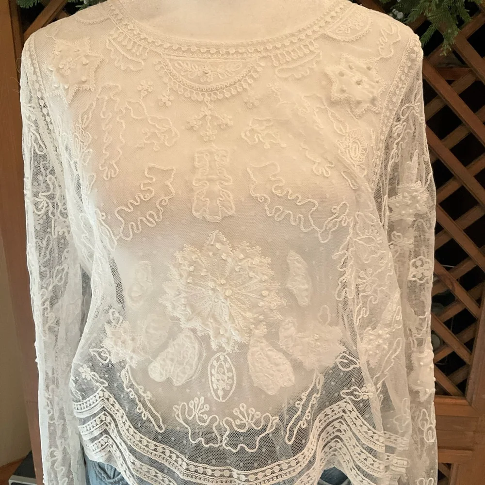 Anthropologie Boho Coquette Festival Whimpsy Mesh Applique Large Top